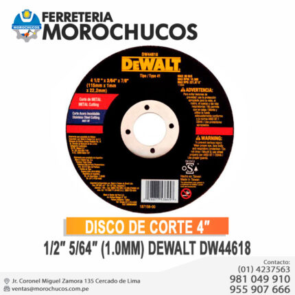 DISCO DE CORTE 4″ 1/2″ 5/64″ (1.0MM) DEWALT DW44618