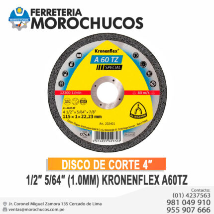 DISCO DE CORTE 4″ 1/2″ 5/64″ (1.0MM) KRONENFLEX A60TZ